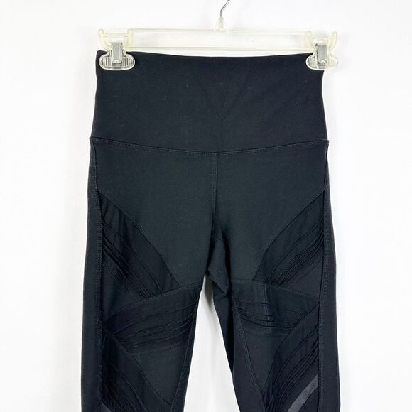 Alo Black Leggings High Rise Sheer Mesh Legs Pin Tuck Size XS Inseam 28" - Picture 1 of 12